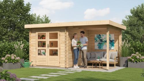 dom drewniany KARIBU BASTRUP 2 + nadstawka 200 cm łącznie ze ścianą tylną (9300) natur