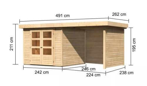 dřevěný domek KARIBU ASKOLA 3,5 + přístavek 240 cm včetně zadní a boční stěny (77719) natur