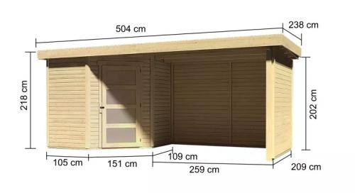 dřevěný domek KARIBU SCHWANDORF 3 + přístavek 280 cm včetně zadní a boční stěny (77744) natur