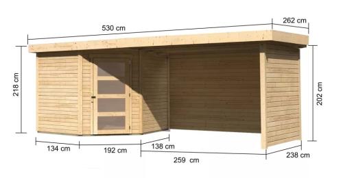 dřevěný domek KARIBU SCHWANDORF 5 + přístavek 280 cm včetně zadní a boční stěny (77752) natur