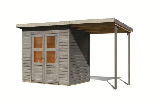 dřevěný domek KARIBU MERSEBURG 3 + přístavek 166 cm (9559) světle šedý
