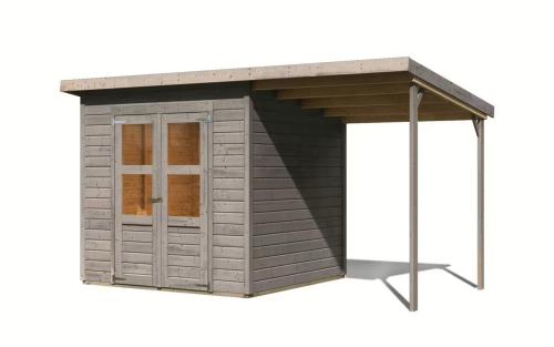 dřevěný domek KARIBU MERSEBURG 4 + přístavek 166 cm (9563) světle šedý