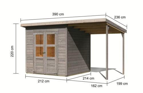 dřevěný domek KARIBU MERSEBURG 4 + přístavek 166 cm (9563) světle šedý
