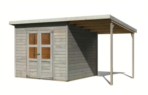 dřevěný domek KARIBU MERSEBURG 6 + přístavek 166 cm (10248) světle šedý